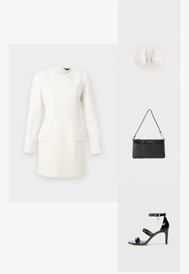 Weißes Langarmkleid mit rundem Halsausschnitt, taillierter Silhouette, zwei vorderen Taschen und einem dezent geprägten Logo am Hals. Sanfte Stofftextur.; Schwarze Lackleder-Sandale mit drei Riemen, Knöchelriemen und 10 cm hohen Stiletto-Absatz. Verfügt über goldfarbene Hardware-Details und ein Logo-Charm.; Schwarze Leder-Wristlet, strukturierte Oberfläche, Reißverschlussverschluss, silberfarbene Hardware, Markenlogo, verstellbarer Riemen. Kompakter und rechteckiger Zuschnitt.; Silberne Metall-Ohrringe in Tropfenform mit einer glatten, reflektierenden Oberfläche, die ein nahtloses Design und keine sichtbaren Verzierungen aufweisen.