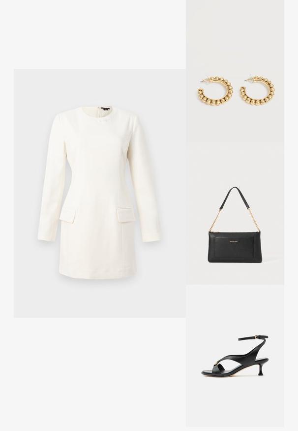 Weißes Langarmkleid mit rundem Halsausschnitt, taillierter Silhouette, zwei vorderen Taschen und einem dezent geprägten Logo am Hals. Sanfte Stofftextur.; Schwarze Ledersandale für Damen mit geschwungenem Kitten-Heel, gekreuzten Riemen und verstellbarem Knöchelriemen mit kleiner goldener Schnalle.; Schwarze Ledertasche mit einer Kieseloberfläche, goldener Kettenriemen und einer Fronttasche. Auf der Vorderseite befindet sich ein goldenes Logo.; Paar goldfarbene Creolen mit abgerundeten Perlendetails entlang des äußeren Randes auf hellem Hintergrund.