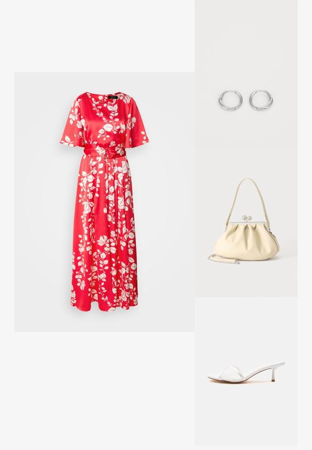 Robe maxi florale rouge en satin. Dotée d'un col rond, de manches courtes et d'une ceinture en tissu, décorée de motifs de feuilles blanches.; Mule blanche à bout ouvert avec une fine bride transparente sur le devant et un petit talon kitten sur une surface unie.; Sac à main en cuir souple couleur crème avec un design froncé, fermoir cadre argenté, poignée courte et bandoulière chaîne amovible.; Boucles d'oreilles en argent en forme de rond, avec une finition lisse et polie. Éléments circulaires avec un petit fermoir pour la fermeture. Design minimaliste, léger.