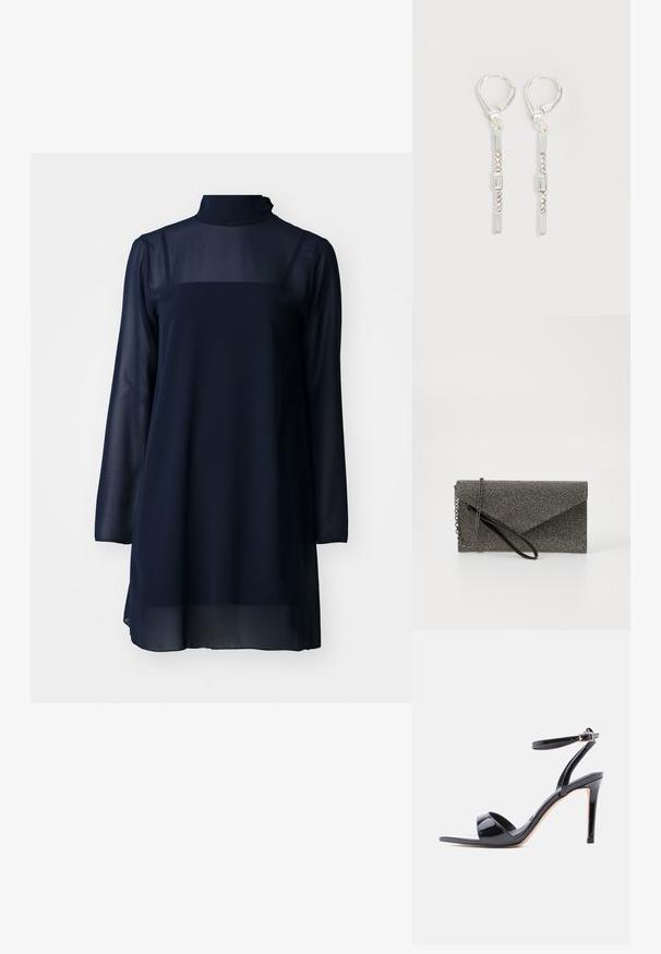 Vestido de manga larga azul marino con cuello alto, hecho de material transparente, que presenta una parte superior sólida y un dobladillo inferior fluido.; Sandalia de tacón alto de charol negro con punta abierta, tira en el tobillo y cierre de hebilla, mostrada de perfil sobre un fondo blanco.; Cartera de mano metálica gris con patrón de malla texturizada, diseño de sobre, cadena como correa y una correa de muñeca delgada y elegante.; Pendientes colgantes de plata con cristales transparentes rectangulares y redondos en una línea vertical, asegurados con cierres tipo leverback.