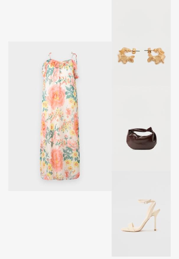 Blomster maxi kjole i pastelfarver, med volangstropper, en løs pasform og et let, gennemsigtigt stof med pink og gule blomstermønstre.; Beige højhælede sandaler med en slank ankelrem og firkantet tå. Glat syntetisk materiale, minimalistisk design og stiletto-hæl.; Mørkebrun læder skuldertaske med en blød, afslappet form og et snoet knudehåndtag på en ensartet hvid baggrund.; Øreringe i guldfarve med en abstrakt, organisk form, der har en tekstureret overflade og lukkemekanisme med stik.
