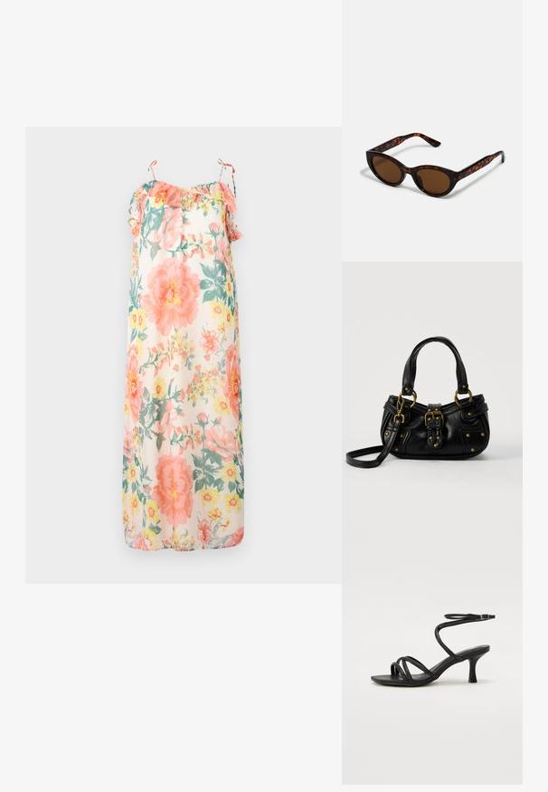 Blomster maxi kjole i pastelfarver, med volangstropper, en løs pasform og et let, gennemsigtigt stof med pink og gule blomstermønstre.; Even&Odd Wide Fit Sandaler - black; Brune skildpadde solbriller med en vintage katteøje-form og brune linser. Har buede arme med røde detaljer.; Sort læderhåndtaske med guldbælge og nitdetaljer, korte håndtag og en justerbar skulderrem på en ensfarvet hvid baggrund.