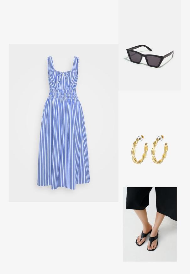 Vestido de rayas azul y blanco con un cuerpo entallado, tirantes anchos y una cintura elasticada. La falda llega hasta la rodilla. Material de algodón.; Pies con sandalias de tacón negras de punta cuadrada y tiras anchas, combinadas con pantalones negros cortos sobre un suelo claro.; Gafas de sol negras y angulares con lentes grises; fabricadas en plástico, con varillas gruesas de superficie suave y sin herrajes visibles.; Pendientes de aro retorcidos en oro con una superficie lisa, que cuentan con un respaldo transparente y herrajes en tono dorado.