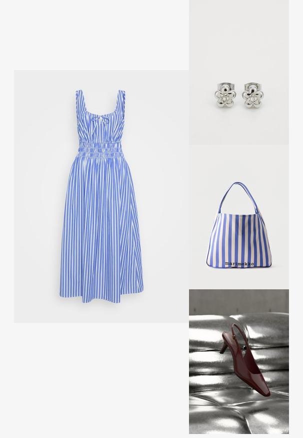 Blau-weiß gestreiftes Kleid mit taillierter Oberseite, breiten Trägern und elastischem Bund. Der Rock reicht bis zum Knie. Baumwollmaterial.; Roter Slingback-Schuh aus Lackleder mit spitzer Zehenpartie und kleinem Absatz, versehen mit einem goldfarbenen Akzent nahe dem Knöchelriemen.; Blau-weiß gestreifte, vertikale Tragetasche mit breiten Griffen und "marimekko"-Logo nahe der unteren Mitte vor einfachem Hintergrund.; Silberne, blumenförmige Ohrringe aus Metall mit einem zentralen Kristalldetail, das eine polierte Oberfläche aufweist und im Clip-On-Design gestaltet ist.