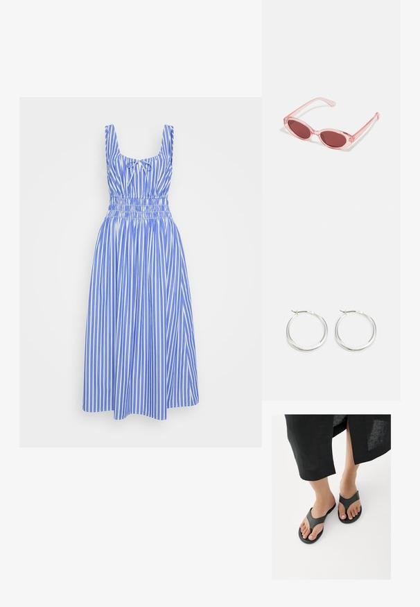 Vestido de rayas azul y blanco con un cuerpo entallado, tirantes anchos y una cintura elasticada. La falda llega hasta la rodilla. Material de algodón.; Primer plano de pies con sandalias negras de cuero tipo chancla y el dobladillo de una falda negra visible por encima de los tobillos sobre un suelo blanco.; Gafas de sol transparentes rosas con lentes ovalados, tinte rojo oscuro y varillas delgadas, con un acabado suave y detalles sutiles en la montura.; Los pendientes de aro de plata presentan un diseño suave y redondeado con un perfil delgado y un cierre seguro. Estilo minimalista con un acabado pulido.