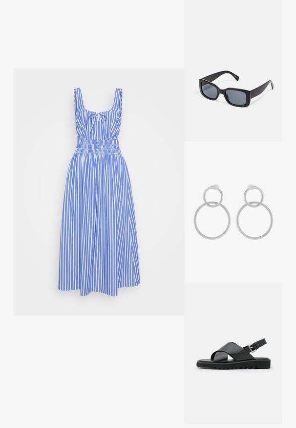 Blau-weiß gestreiftes Kleid mit taillierter Oberseite, breiten Trägern und elastischem Bund. Der Rock reicht bis zum Knie. Baumwollmaterial.; Schwarze Leder-Sandalen mit einem Kreuzriemen-Design, verstellbarem Schnallenverschluss und strukturierten Sohlen mit Rippen für besseren Halt.; Schwarze rechteckige Sonnenbrille mit dunkel getönten Gläsern, dickem Kunstrahmen und breiten Bügeln. Glatte Oberfläche und kantiges Design.; Silberne Ohrringe aus Metall mit zwei miteinander verbundenen Kreisen, einem größeren und einem kleineren, mit gebürsteter Oberfläche und Steckverschluss.