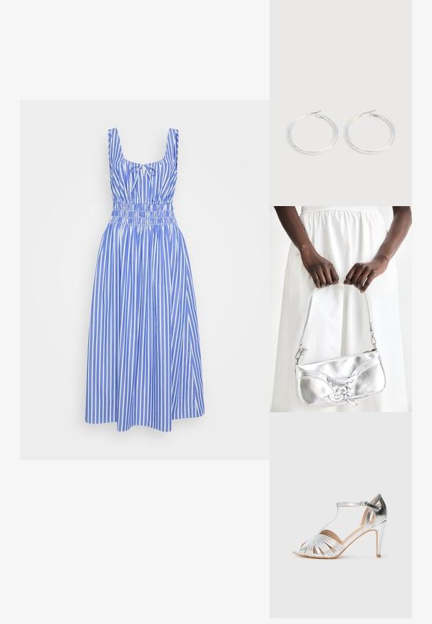 Blau-weiß gestreiftes Kleid mit taillierter Oberseite, breiten Trägern und elastischem Bund. Der Rock reicht bis zum Knie. Baumwollmaterial.; Silberne Sandalette mit hohem Absatz, T-Riemen, Knöchelriemen und mehreren dünnen vorderen Riemen auf weißem Hintergrund.; Silberne metallische Handtasche mit Schnürdetail, die ein elegantes Design und einen kurzen Tragegurt aufweist. Die Tasche wird in den Händen gehalten und zeigt ihre Textur.; Paar glänzende silberne Creolen mit dünnen Drahtverschlüssen, dargestellt vor einem hellgrauen Hintergrund.