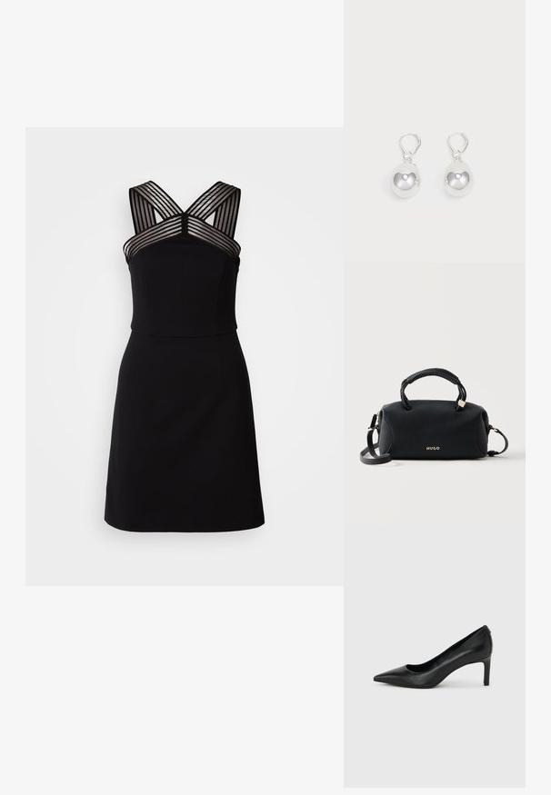 Zwarte jurk met een aansluitende corsage, voorzien van doorzichtige gestreepte details op de schouders en een uitlopende zoom. Glad materiaal zonder patronen.; Zwarte leren pumps met een spits toelopende neus en een slanke, middelhoog hak, afgebeeld tegen een effen lichtgrijze achtergrond.; Zwarte Hugo-handtas met gevlochten bovenhandvatten, gouden beslag en afneembare schouderband op een effen lichte achtergrond.; Zilveren druppeloorbellen met gladde, ronde, reflecterende oppervlakken die hangen aan klapring-sluitingen. Achtergrond is puur wit.