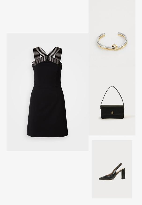 Schwarzes Kleid mit angepastem Oberteil, das transparente gestreifte Details an den Schultern und einen weit ausgestellten Saum aufweist. Glatter Stoff ohne Muster.; Schwarzer Leder-Damenslingback-Schuh mit spitzer Zehenpartie und dickem hohem Blockabsatz vor weißem Hintergrund.; Schwarze Lederhandtasche mit glatter Textur, rechteckiger Form, goldenem Logoakzent und einem dünnen einzelnen Schulterriemen.; Metallarmband mit ineinander verschlungenen Silber- und Goldbändern sowie einer glatten, polierten Oberfläche. Auffälliges Knotendetail in der Mitte.