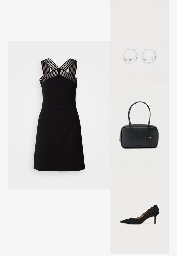 Vestido negro con un corpiño ajustado, que presenta detalles de rayas transparentes en los hombros y un dobladillo acampanado. Tela suave sin patrones.; Salón de ante negro con punta puntiaguda, tacón de aguja delgado de altura media y diseño de corte bajo sobre un fondo liso.; Bolso rectangular negro con asas dobles redondeadas, cremallera dorada y logo "HUGO" en relieve en el frente con etiqueta de cuero adjunta.; Pendientes de aro de plata con un acabado pulido y la marca DKNY, exhibidos sobre un fondo blanco liso.