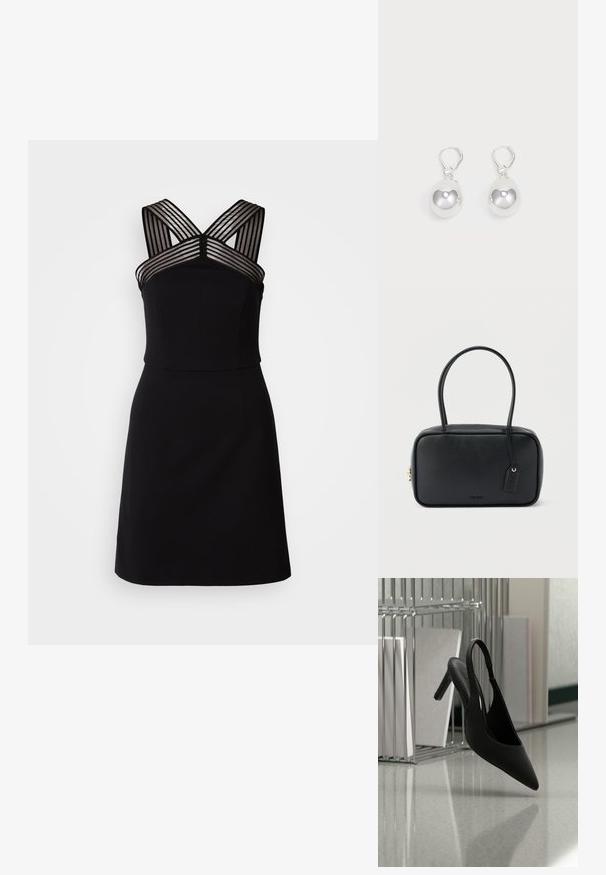 Schwarzes Kleid mit angepastem Oberteil, das transparente gestreifte Details an den Schultern und einen weit ausgestellten Saum aufweist. Glatter Stoff ohne Muster.; Schwarzer, spitz zulaufender Slingback-Pumps mit hohem Absatz, schwebt in der Luft über einem glänzenden Boden, im Hintergrund gestapelte Ordner.; Schwarze rechteckige Handtasche mit doppelten, abgerundeten Griffen, goldfarbenem Reißverschluss und geprägtem „HUGO“-Logo auf der Vorderseite sowie angebrachtem Lederanhänger.; Silberne Tropfenohrringe mit glatten, runden, reflektierenden Oberflächen, die an Hakenverschlüssen hängen. Der Hintergrund ist reinweiß.