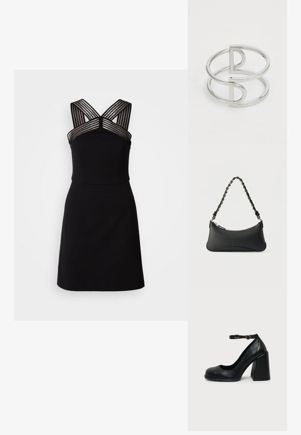 Vestido negro con un corpiño ajustado, que presenta detalles de rayas transparentes en los hombros y un dobladillo acampanado. Tela suave sin patrones.; Zapato negro de cuero con tacón alto, punta redondeada y correa ajustable en el tobillo con hebilla dorada sobre fondo liso claro.; Bolso de hombro de cuero negro con forma rectangular curvada, cadena dorada entrelazada en una correa negra trenzada y cierre superior con cremallera.; Brazalete de metal plateado con un diseño de doble lazo, acabado liso y brillante, y un acento geométrico minimalista.