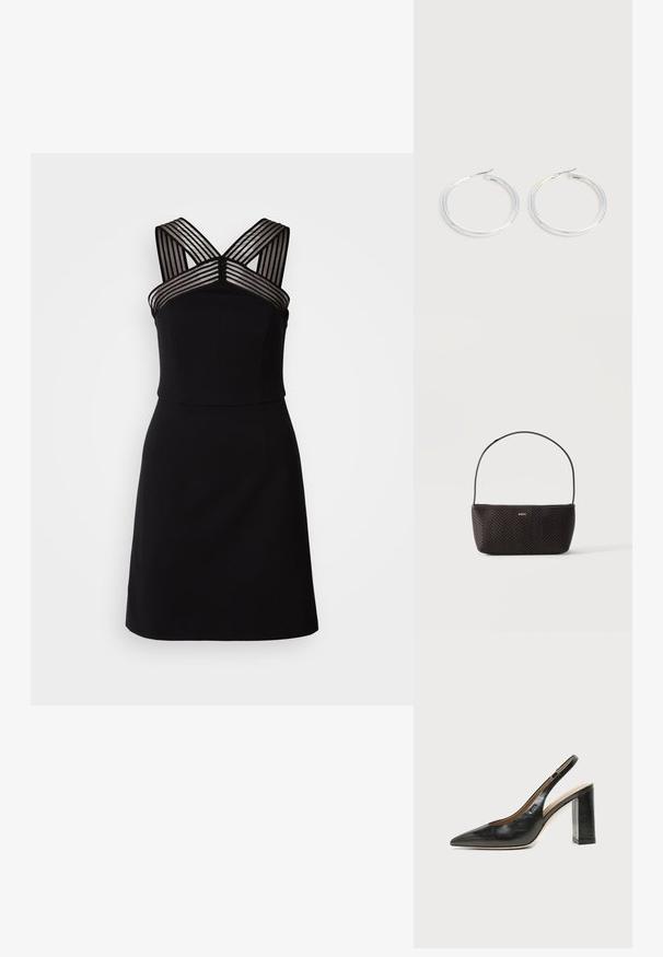 Robe noire avec un corsage ajusté, dotée de détails en dentelle rayée sur les épaules et d'un ourlet évasé. Tissu lisse sans motifs.; Chaussure slingback en cuir noir à bout pointu avec un talon bloc haut et une doublure intérieure beige sur un fond clair uni.; Sac à main noir tissé texturé avec une seule bandoulière et un petit logo doré "BOSS" au centre devant.; Paire de boucles d'oreilles créoles argentées brillantes avec fermoirs en fil fin, présentée sur un fond gris clair.