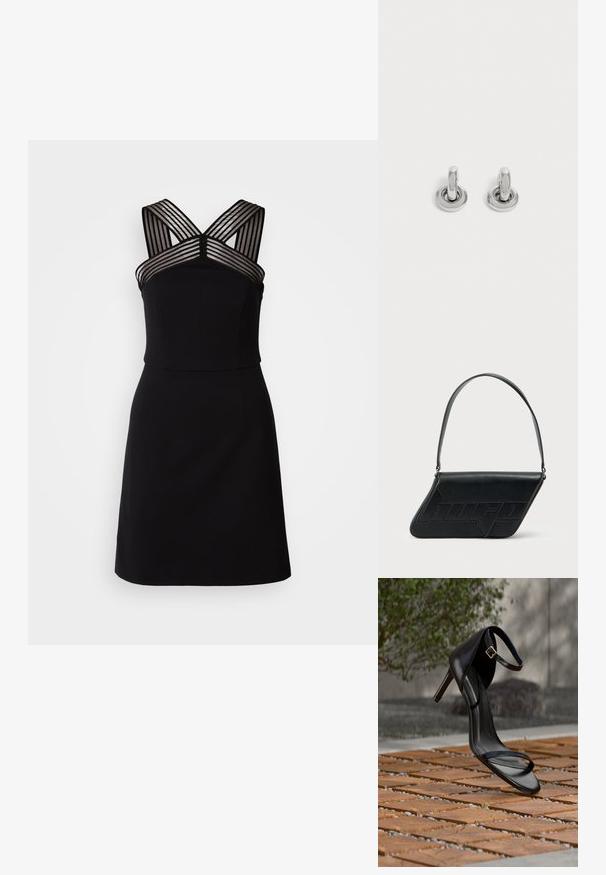 Vestido negro con un corpiño ajustado, que presenta detalles de rayas transparentes en los hombros y un dobladillo acampanado. Tela suave sin patrones.; Sandalia negra de tacón alto con correa en el tobillo, parece suspendida sobre un suelo de baldosas de madera al aire libre, con un fondo difuminado de vegetación y piedra.; Bolso de hombro de cuero negro con forma triangular, logo en relieve y una sola correa ajustable. Diseño minimalista con textura suave.; Par de pequeños pendientes de aro plateados brillantes con base redonda, exhibidos sobre un fondo claro y liso.