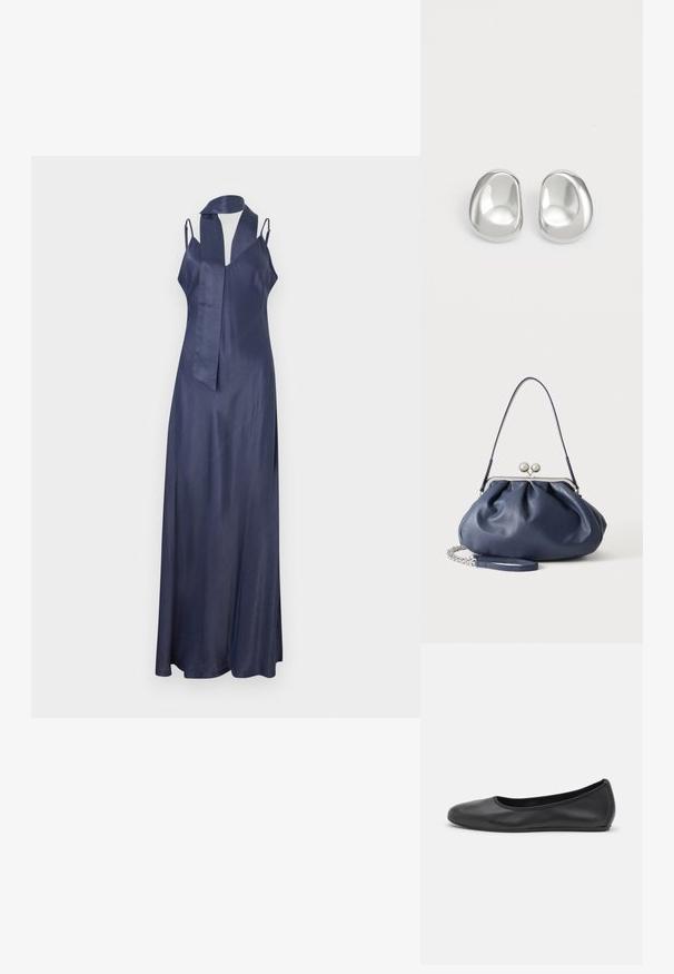 Robe en satin bleu marine avec un col en V, des bretelles fines et une silhouette longue et fluide. Présente un accent de cou à nouer soi-même. Texture lisse.; Ballerines en cuir noir avec un bout rond, texture lisse, détails de couture minimalistes et design de semelle flexible.; Sac à main en cuir bleu marine doux avec fermeture à boucle argentée, une seule bandoulière, et une chaîne de poignet amovible sur fond blanc.; Clous d'oreilles en argent au design lisse et arrondi, présentant une surface réfléchissante et des courbes douces, offrant une apparence organique semblable à celle d'un galet.