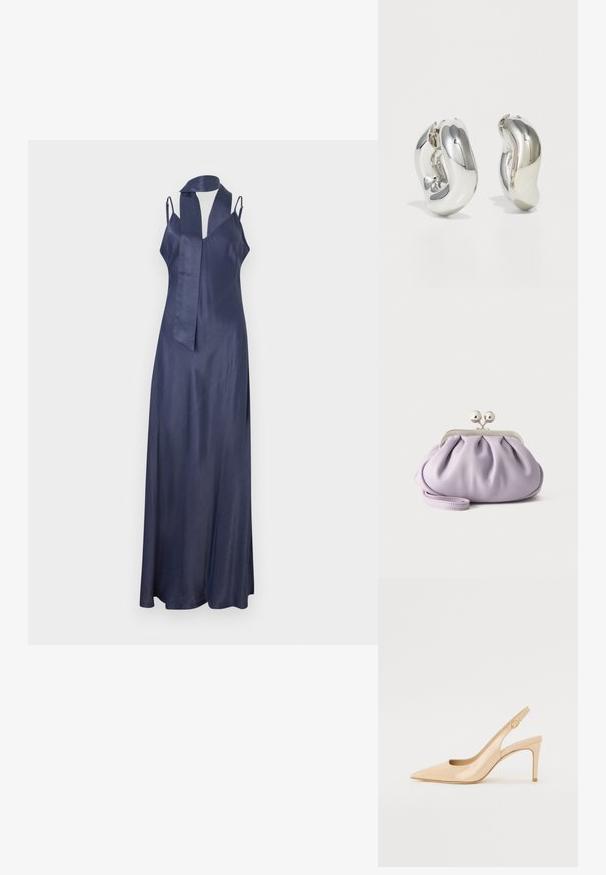 Robe en satin bleu marine avec un col en V, des bretelles fines et une silhouette longue et fluide. Présente un accent de cou à nouer soi-même. Texture lisse.; Escarpin slingback en cuir verni nude avec un bout pointu, un décolleté ouvert et un talon aiguille fin. Comprend un accent doré circulaire sur la sangle.; Pochette lavande douce avec tissu froncé, fermoir kiss-lock argenté et bracelet assorti sur un fond clair uni.; Boucles d'oreilles sculpturales en argent avec des formes douces et courbes et des surfaces réfléchissantes. Présentent un design de boucle fermée et une forme organique distincte.