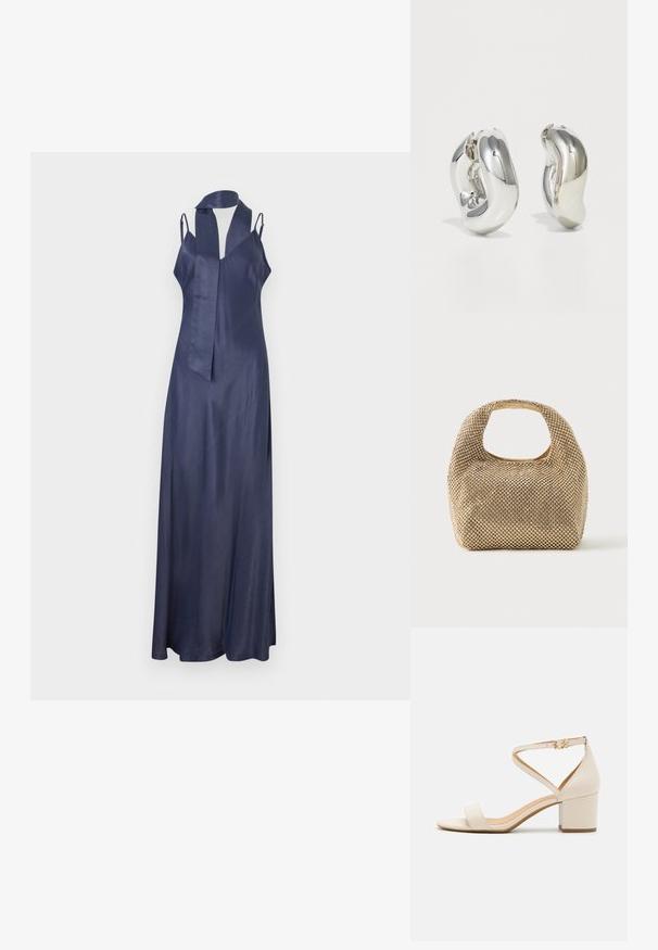 Robe en satin bleu marine avec un col en V, des bretelles fines et une silhouette longue et fluide. Présente un accent de cou à nouer soi-même. Texture lisse.; Sandales à talon bloc beiges présentant un design minimaliste, bout ouvert et une sangle de cheville ajustable avec une boucle dorée. Texture lisse.; Petit sac à main doré recouvert de clous ronds brillants avec une poignée courte et une découpe rectangulaire en haut.; Boucles d'oreilles sculpturales en argent avec des formes douces et courbes et des surfaces réfléchissantes. Présentent un design de boucle fermée et une forme organique distincte.