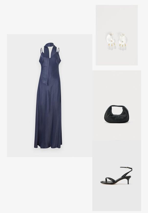 Robe en satin bleu marine avec un col en V, des bretelles fines et une silhouette longue et fluide. Présente un accent de cou à nouer soi-même. Texture lisse.; Sandale pour femme en cuir noir avec fines lanières, une boucle d'orteil, une boucle à la cheville et un talon aiguille de hauteur moyenne sur un fond neutre.; Sac hobo tissé noir avec une structure souple et une poignée intégrée, présenté sur un fond clair uni.; Boucles d'oreilles en résine transparente en forme de coquillage avec de petits accents dorés et trois breloques translucides en forme de goutte pendantes sur chaque boucle d'oreille.