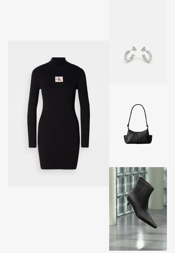 Robe noire à manches longues côtelées avec un col montant et un patch logo rectangulaire de Calvin Klein sur le devant. Design simple et près du corps.; Bottine en cuir noir avec bout pointu et petit talon, présentée devant un mur en blocs de verre et un sol poli.; Sac à bandoulière en cuir noir avec une longue sangle, des poches latérales et le logo Calvin Klein embossé sur le devant.; Boucles d'oreilles en métal argenté avec un design texturé, dotées d'un petit fermoir et d'une marque sur une des hoops. Forme arrondie avec une finition polie.