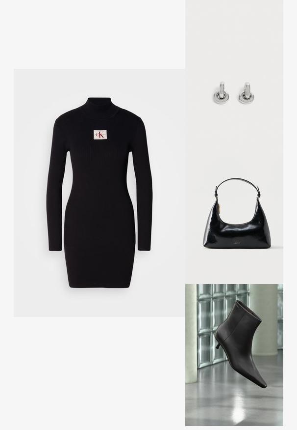 Schwarzes, geripptes Langarmkleid mit hohem Kragen und rechteckigem Calvin Klein-Logo-Patch auf der Vorderseite. Einfaches, figurbetontes Design.; Schwarzer Leder-Knöchelstiefel mit spitzer Spitze und kleinem Absatz vor einer Wand aus Glasbausteinen und einem polierten Boden.; Schwarze, glänzende Calvin Klein Handtasche mit goldfarbenem Reißverschluss und kurzem Trageriemen vor schlichtem weißem Hintergrund.; Paar kleine, glänzende silberne Creolen mit rundem Sockel, auf einfachem hellem Hintergrund präsentiert.
