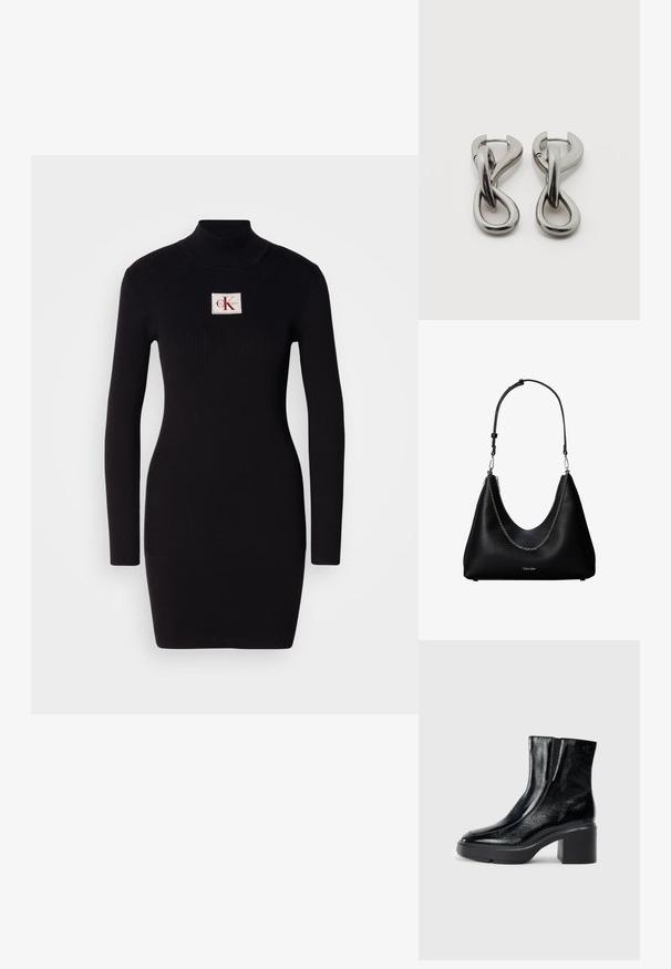 Schwarzes, geripptes Langarmkleid mit hohem Kragen und rechteckigem Calvin Klein-Logo-Patch auf der Vorderseite. Einfaches, figurbetontes Design.; Schwarze Lackleder-Stiefeletten mit einer geschwungenen Zehenpartie, elastischen Seiteneinsätzen und einem klobigen Blockabsatz. Mit geprägtem Logo auf der Rückseite.; Schwarze Lederhandtasche mit silberner Kettendetail und verstellbarem Schulterriemen, mit Calvin Klein Logo auf der Vorderseite.; Paar silberfarbene Metallohrringe mit abstraktem ineinandergreifendem Schlaufen-Design auf weißem Hintergrund.