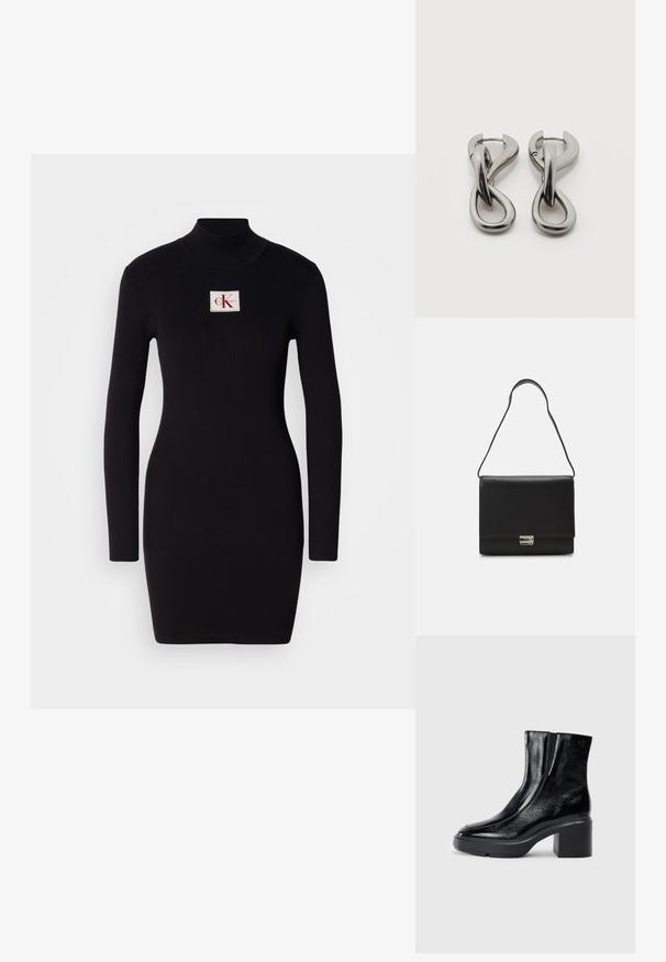 Schwarzes, geripptes Langarmkleid mit hohem Kragen und rechteckigem Calvin Klein-Logo-Patch auf der Vorderseite. Einfaches, figurbetontes Design.; Schwarze Lackleder-Stiefeletten mit einer geschwungenen Zehenpartie, elastischen Seiteneinsätzen und einem klobigen Blockabsatz. Mit geprägtem Logo auf der Rückseite.; Calvin Klein ARCHIVE SHOULDER BAG SHINY - Handtasche - black; Paar silberfarbene Metallohrringe mit abstraktem ineinandergreifendem Schlaufen-Design auf weißem Hintergrund.