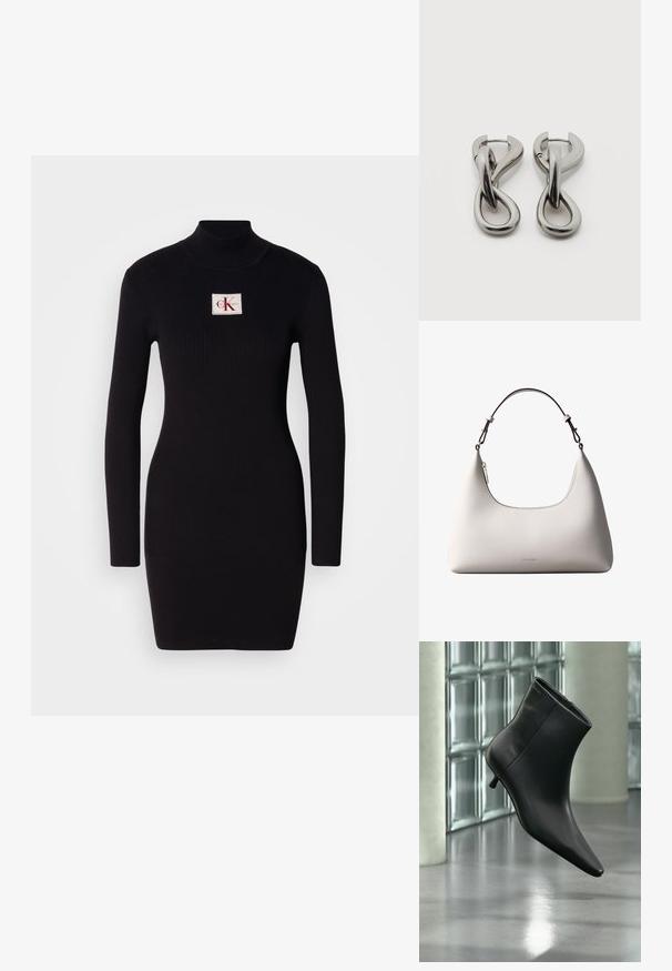 Schwarzes, geripptes Langarmkleid mit hohem Kragen und rechteckigem Calvin Klein-Logo-Patch auf der Vorderseite. Einfaches, figurbetontes Design.; Schwarzer Leder-Stiefelette mit spitzer Zehenpartie und niedrigem Kitten-Heel, schräg dargestellt vor einem polierten Boden und einer Glasbausteinwand.; Cremefarbene Calvin Klein Lederschultertasche mit gebogener Oberkante, silbernem Reißverschluss und dunkelbraunem verstellbarem Riemen.; Paar silberfarbene Metallohrringe mit abstraktem ineinandergreifendem Schlaufen-Design auf weißem Hintergrund.