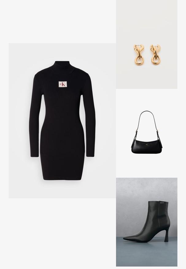 Čierne, rebrované, dlhé šaty s vysokým golierom a obdĺžnikovou nášivkou s logom Calvin Klein na prednej strane. Jednoduchý, priliehavý dizajn.; Čierna kožená členková obuv s špicatou špičkou a geometrickým opätkom. Obsahuje jemné značkovanie a hladkú štruktúru. Pozadie má textúrované dlaždice.; Čierna kožená mini kabelka cez rameno s tenkým remienkom a malým zlatým logom CK v strede na prednej strane.; Pár lesklých náušníc v tvare zlatých kruhov s prepleteným stočeným dizajnom na jednoduchom bielom pozadí.