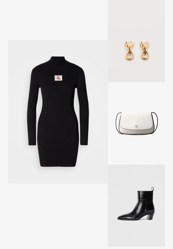 Must mustriba pikad varrukad dresses kõrge kraega ja ristküliku kujuga Calvin Kleini logo patchiga esiküljel. Lihtne, keha ligi põrkav disain.; Must musta saapad terava nina, geomeetrilise kuuega ja tagaküljel tõmberaudaga. Sile tekstuur ja läikiv disain.; Valge risti kehakott klapi sulgemisega, keskel väike hõbedane "cK" logo ning õhuke tumepruun reguleeritav rihm.; Paari läikiva kuldse tooniga rõngaskõrvarõngaid lihtsal valgel taustal, millel on põimunud keerutatud disain.