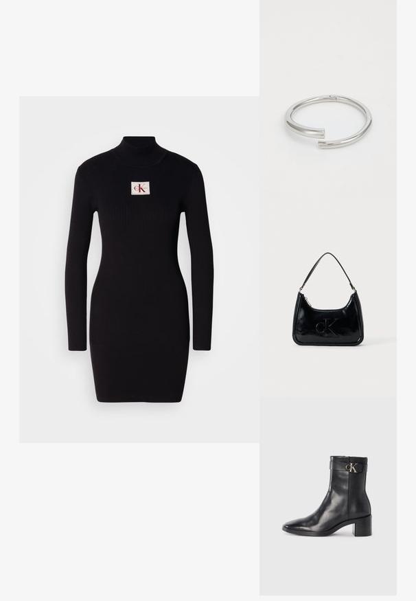 Zwarte geribbelde lange jurk met hoge kraag en een rechthoekige Calvin Klein logo patch aan de voorkant. Eenvoudig, aansluitend ontwerp.; Zwarte leren enkellaars met een spitse neus, blokhak en een bandje met een metallic logo. Gladde textuur en minimalistisch ontwerp.; Zwarte gepatenteerde leren handtas met een gebogen bovenhandgreep, ritsafsluiting en reliëf "cK" logo aan de voorkant. Gladde textuur, gestructureerde vorm.; Calvin Klein SPIRAL - Armband - silver-coloured