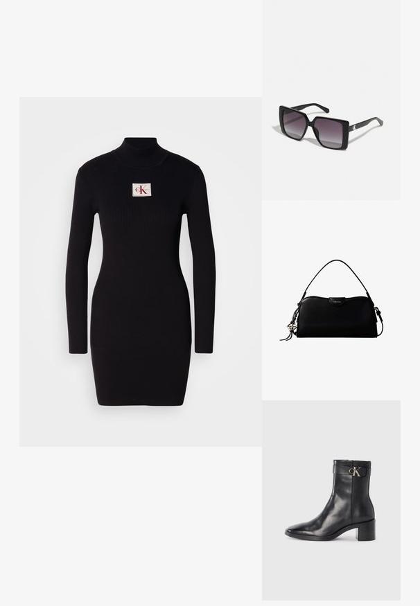 Schwarzes, geripptes Langarmkleid mit hohem Kragen und rechteckigem Calvin Klein-Logo-Patch auf der Vorderseite. Einfaches, figurbetontes Design.; Schwarze Leder-Ankle Boots mit spitzem Zehenbereich, Blockabsatz und einem Riemen mit einem metallischen Logodetail. Glatte Textur und minimales Design.; Schwarze quadratische Sonnenbrillen mit grauen Verlaufslinsen. Glänzende Rahmen mit klaren Linien. Silbernes Logo-Detail an den Schläfen.; Schwarze, rechteckige Calvin Klein Handtasche mit einem einzelnen Tragegriff oben, silbernem Logo-Anhänger und kleinem Klappverschluss auf der Vorderseite.