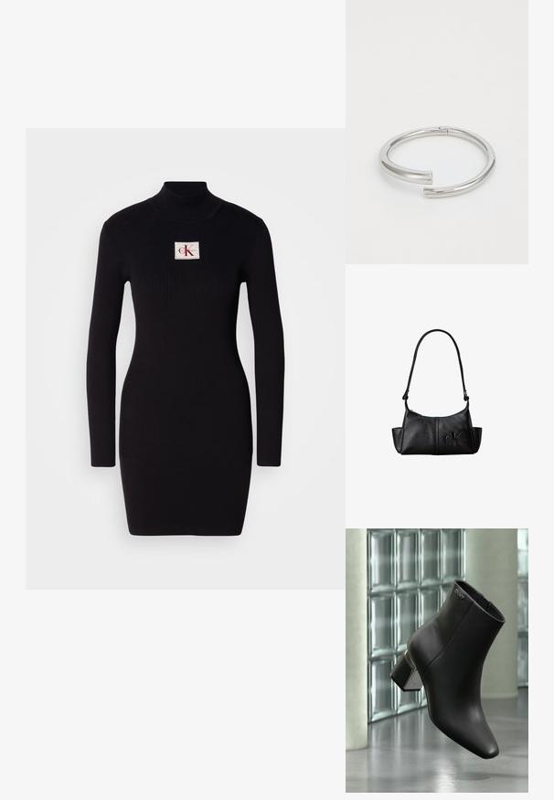 Must mustriba pikad varrukad dresses kõrge kraega ja ristküliku kujuga Calvin Kleini logo patchiga esiküljel. Lihtne, keha ligi põrkav disain.; Mustast nahast pahkluu saabas plokkseseljaga, DKNY logo lähedal ülaosas, eksponeeritud klaasplokiseina ja poleeritud betoonpõranda taustal.; Mustast nahast õlakott pika sangaga, küljetaskute ja esiküljele pressitud Calvin Kleini logoga.; Calvin Klein SPIRAL - Käevõru - silver-coloured