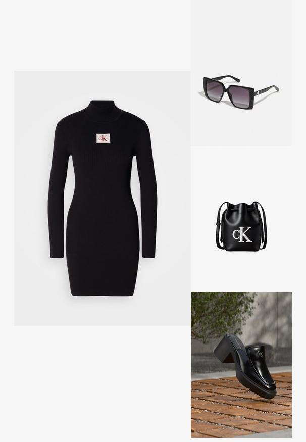 Zwarte geribbelde lange jurk met hoge kraag en een rechthoekige Calvin Klein logo patch aan de voorkant. Eenvoudig, aansluitend ontwerp.; Zwarte leren Calvin Klein slip-on mule met blokhak rustend op houten tegels buiten, vlak bij een groene plant en een grijze muur.; Zwarte vierkante zonnebrillen met gradiënt grijze lenzen. Glanzende monturen met strakke lijnen. Zilveren logo-accent op de veren.; Zwarte leren bucketbag met koordsluiting aan de bovenkant en wit "cK" logo aan de voorkant, met een verstelbare schouderband.