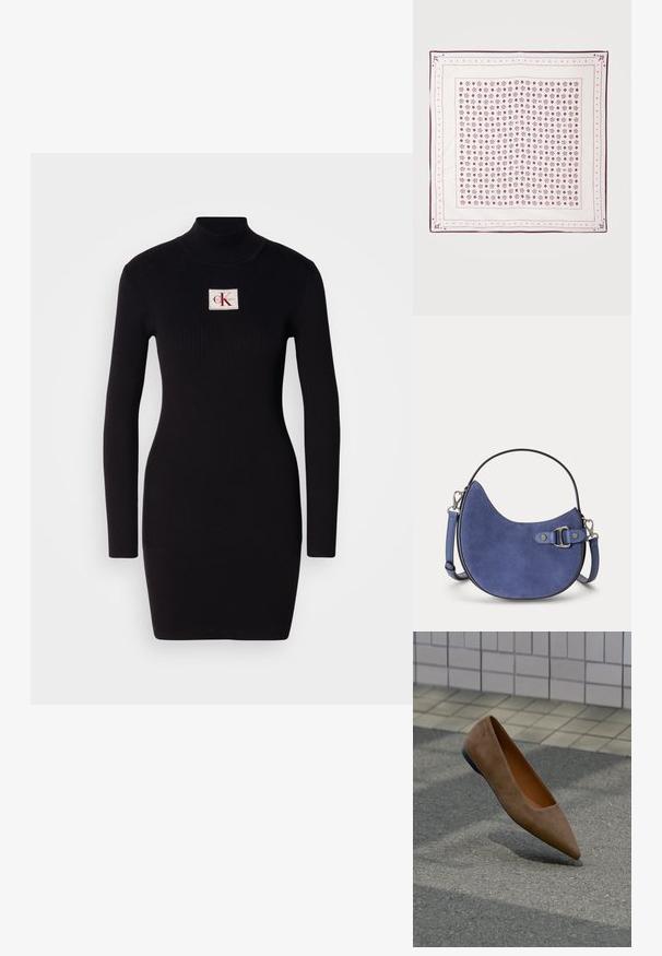 Zwarte geribbelde lange jurk met hoge kraag en een rechthoekige Calvin Klein logo patch aan de voorkant. Eenvoudig, aansluitend ontwerp.; Bruine suède platte schoen met spitse neus zweeft boven asfalt met betegelde muur en stoep op de achtergrond.; Witte vierkante sjaal met bordeauxrode bloemenprint en gestippelde randen, plat gelegd tegen een lichte achtergrond.; Kleine gebogen blauwe suède handtas met een bovenhandvat, afneembare schouderriem en zilveren gespdetail op een lichte achtergrond.