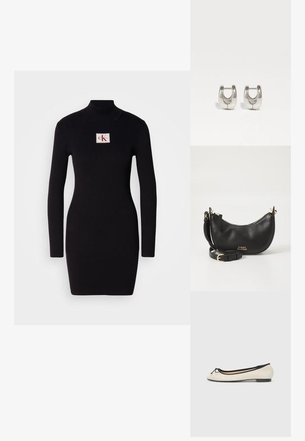 Robe noire à manches longues côtelées avec un col montant et un patch logo rectangulaire de Calvin Klein sur le devant. Design simple et près du corps.; Ballerine en textile beige avec une bordure noire. Affiche un bout arrondi et un petit nœud en accent sur le devant. Semelle basse.; Sac à épaule en cuir noir de forme arrondie, fermeture éclair dorée et détail logo à l'avant. Bretelle ajustable incluse.; Boucles d'oreilles en argent en forme de cerceau, avec une surface métallique lisse et un design ouvert au centre, reflétant la lumière.