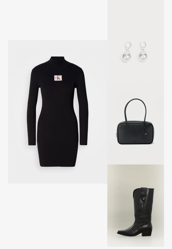 Sort ribbet langærmet kjole med høj krave og en rektangulær Calvin Klein logo-patch på forsiden. Enkel, tætsiddende design.; Høj sort læder cowboystøvle med spids tå, kraftig hæl og trækstrop med lille gyldent logo.; Sort rektangulær håndtaske med dobbelte runde håndtag, gylden lynlås og præget "HUGO"-logo foran med fastgjort lædermærke.; Sølv dråbeøreringe med glatte, runde, reflekterende overflader hængende fra svingelukkede låse. Baggrunden er helt hvid.