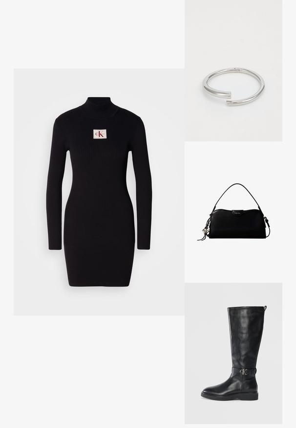 Zwarte geribbelde lange jurk met hoge kraag en een rechthoekige Calvin Klein logo patch aan de voorkant. Eenvoudig, aansluitend ontwerp.; Zwarte leren kniehoog laars met lage hak, ronde neus en een metalen "CK" logo gesp rond de enkel.; Zwarte rechthoekige Calvin Klein handtas met enkele bovenriem, zilveren logo-ornament en een kleine klepsluiting aan de voorkant.; Calvin Klein SPIRAL - Armband - silver-coloured