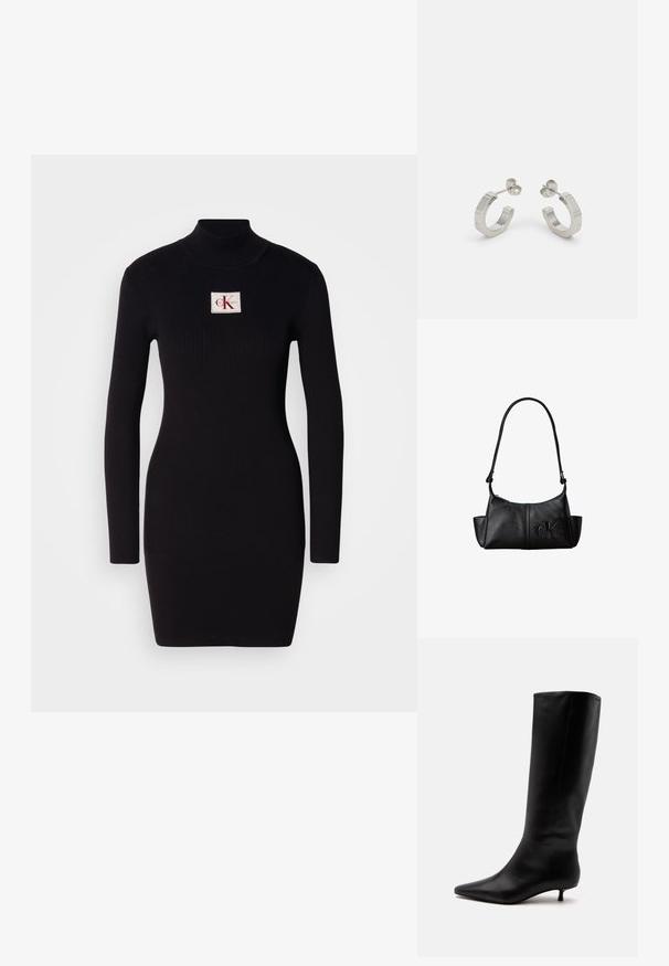Schwarzes, geripptes Langarmkleid mit hohem Kragen und rechteckigem Calvin Klein-Logo-Patch auf der Vorderseite. Einfaches, figurbetontes Design.; Schwarzer kniehoher Lederstiefel mit spitz zulaufender Schuhspitze und niedrigem Kittenabsatz vor einem schlichten hellen Hintergrund.; Schwarze Leder-Schultertasche mit langem Träger, Seitentaschen und eingeprägtem Calvin Klein-Logo auf der Vorderseite.; Silberne Metall-Hoops mit strukturiertem Design, ausgestattet mit einem kleinen Steckverschluss und Branding an einem Hoop. Abgerundete Form mit glänzender Oberfläche.