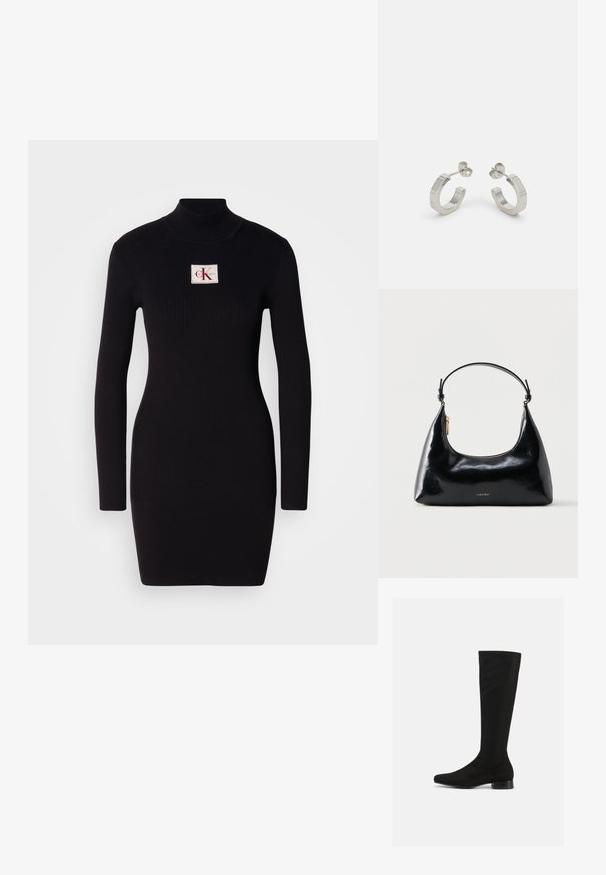 Must mustriba pikad varrukad dresses kõrge kraega ja ristküliku kujuga Calvin Kleini logo patchiga esiküljel. Lihtne, keha ligi põrkav disain.; Siled mustad põlvekõrgused saapad, mis on valmistatud siledast kangast, omavad lihtsat disaini, teravat nina ja madalat plokknäppa. Nähtavat riistvara või kaunistusi pole.; Musta läikiv Calvin Kleini käekott kuldse luku ja lühikese rihmaga valgel taustal.; Hõbedased metallist rõngakõrvarõngad tekstureeritud kujundusega, millel on väike kinnituskate ja bränding ühel rõngal. Ümar kuju ja poleeritud viimistlus.