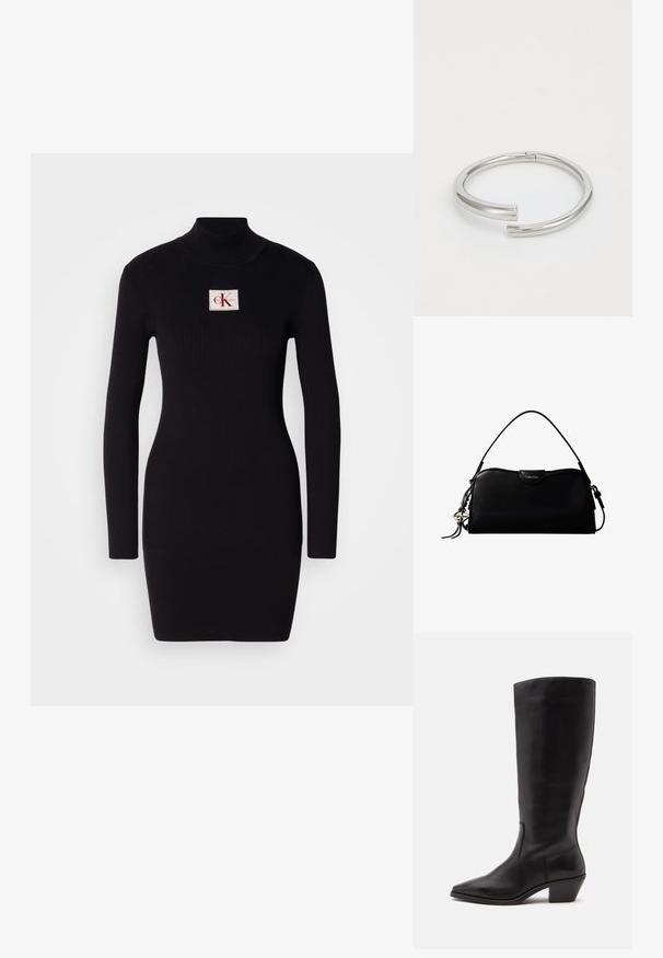 Must mustriba pikad varrukad dresses kõrge kraega ja ristküliku kujuga Calvin Kleini logo patchiga esiküljel. Lihtne, keha ligi põrkav disain.; Must nahktõmmiku keskmise säärega saabas, millel on terav nina ja madal kaldu konts heledal ühevärvilisel taustal.; Must ristkülikukujuline Calvin Kleini käekott, millel on üks ülemine rihm, hõbedane logo ripats ja ees väike klapiga sulgur.; Calvin Klein SPIRAL - Käevõru - silver-coloured