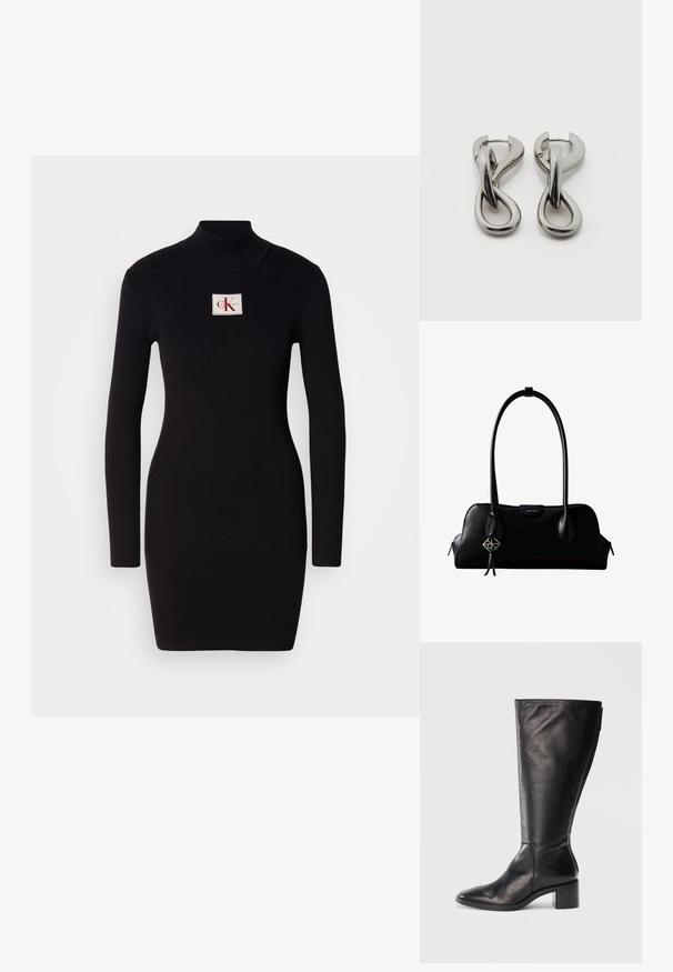 Schwarzes, geripptes Langarmkleid mit hohem Kragen und rechteckigem Calvin Klein-Logo-Patch auf der Vorderseite. Einfaches, figurbetontes Design.; Schwarze Lederkniehohe Stiefel mit quadratischer Spitze, Blockabsatz und schlankem Design. Glatte Textur mit einem seitlichen Reißverschluss für einfaches Anziehen.; Schwarze Lederhandtasche von Calvin Klein mit langen Henkeln, einem vorderen Logo-Tag und einem silbernen geometrischen Anhänger, der an einem Henkel hängt.; Paar silberfarbene Metallohrringe mit abstraktem ineinandergreifendem Schlaufen-Design auf weißem Hintergrund.