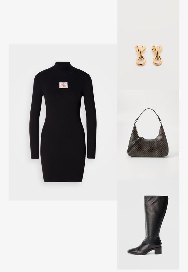 Must mustriba pikad varrukad dresses kõrge kraega ja ristküliku kujuga Calvin Kleini logo patchiga esiküljel. Lihtne, keha ligi põrkav disain.; Must must nahkane kõrge varbaga saabas, millel on ruudukujuline varvas, plokknina ja voolav disain. Sile tekstuur ja külgzipper lihtsaks selga panemiseks.; Must musta õla võimalus, millel on korduv beež geomeetriline muster, kuldne lukustus ning kaks reguleeritavat rihma valgel taustal.; Paari läikiva kuldse tooniga rõngaskõrvarõngaid lihtsal valgel taustal, millel on põimunud keerutatud disain.