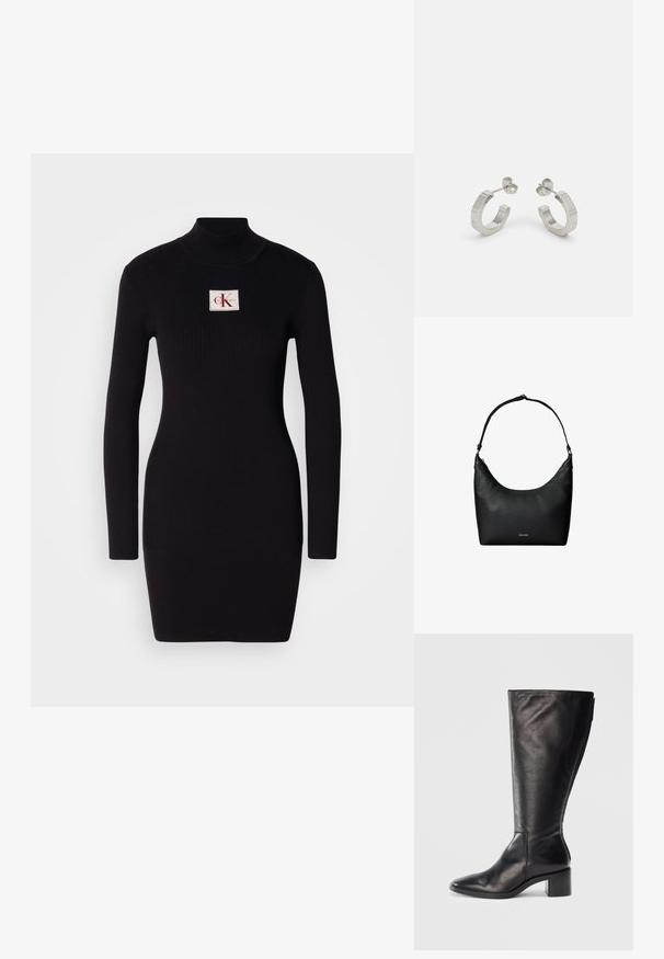 Schwarzes, geripptes Langarmkleid mit hohem Kragen und rechteckigem Calvin Klein-Logo-Patch auf der Vorderseite. Einfaches, figurbetontes Design.; Schwarze Lederkniehohe Stiefel mit quadratischer Spitze, Blockabsatz und schlankem Design. Glatte Textur mit einem seitlichen Reißverschluss für einfaches Anziehen.; Schwarze, strukturierte Lederschultertasche mit einem einzelnen Riemen und einem kleinen Calvin Klein-Logo vorne in der Mitte.; Silberne Metall-Hoops mit strukturiertem Design, ausgestattet mit einem kleinen Steckverschluss und Branding an einem Hoop. Abgerundete Form mit glänzender Oberfläche.