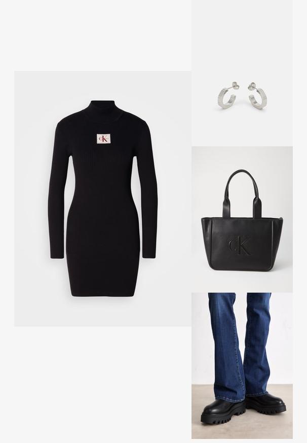 Zwarte geribbelde lange jurk met hoge kraag en een rechthoekige Calvin Klein logo patch aan de voorkant. Eenvoudig, aansluitend ontwerp.; Chunky zwarte platformlaarzen met gestructureerde rubberen zolen, een ronde neus en een glad leren bovenwerk, gecombineerd met blauwe flared jeans.; Zwarte lederen totebag met twee handvatten; heeft het gegraveerde "cK" logo; rechthoekige vorm; gladde textuur; minimalistisch ontwerp.; Zilveren metalen hoepel oorbellen met een gestructureerd ontwerp, voorzien van een kleine post achter en branding op een van de hoepels. Ronde vorm met een gepolijste afwerking.