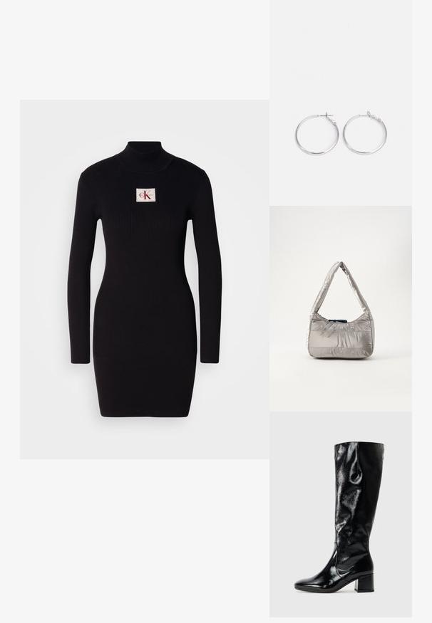 Sort ribbet langærmet kjole med høj krave og en rektangulær Calvin Klein logo-patch på forsiden. Enkel, tætsiddende design.; Sorte knæhøje støvler med en shiny lakfinish, spids tå og blokhæl. Har en glat tekstur og en tætsiddende pasform.; Sølv puffervæske med en buet silhuet, udstyret med lynlåslukning og prægede "TOMMY JEANS" logo foran. Glat, glossy tekstur.; sweet deluxe EARRING - Øreringe - silver-coloured