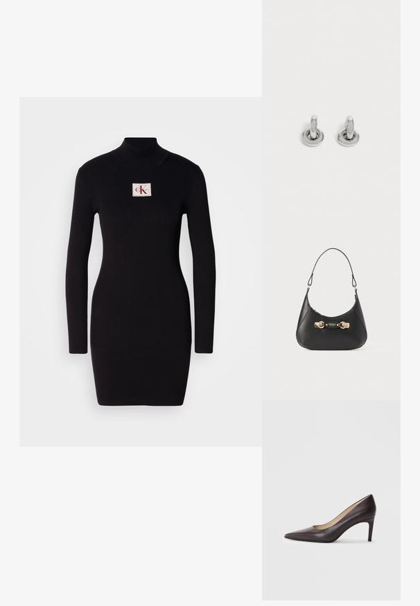 Robe noire à manches longues côtelées avec un col montant et un patch logo rectangulaire de Calvin Klein sur le devant. Design simple et près du corps.; Chaussure à talon haut en cuir marron à bout pointu avec un talon fin de 7 cm, texture lisse et design minimaliste. Pas d'ornements visibles.; Sac à main en cuir noir avec une silhouette courbée, doté d'une anse supérieure, de quincaillerie dorée et d'un plaque de logo à l'avant. Texture lisse.; Paire de petites boucles d'oreilles créoles argentées brillantes avec une base ronde, présentées sur un fond clair uni.