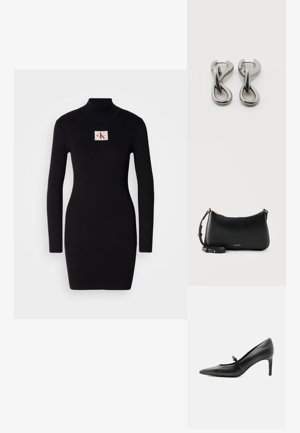 Must mustriba pikad varrukad dresses kõrge kraega ja ristküliku kujuga Calvin Kleini logo patchiga esiküljel. Lihtne, keha ligi põrkav disain.; Mustast nahast terava varbaga kõrge kontsaga king, millel on peen rihm ja pandlaga üle jala pealse, seisab neutraalsel heledal taustal.; Mustast nahast Calvin Kleini õlakott kuldse tõmbluku ja reguleeritava rihmaga ühtlasel heledal taustal.; Hõbedatoonides metallist kõrvarõngad abstraktse üksteisega põimunud aasade disainiga valgel taustal.