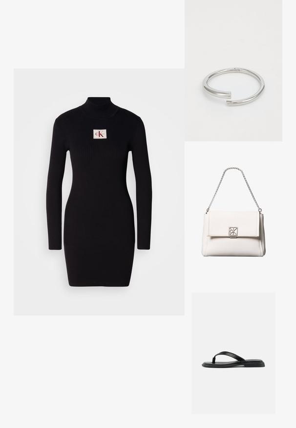 Schwarzes, geripptes Langarmkleid mit hohem Kragen und rechteckigem Calvin Klein-Logo-Patch auf der Vorderseite. Einfaches, figurbetontes Design.; Schwarze flache Zehensandale mit strukturiertem Riemen und leicht erhöhtem Absatz, seitlich auf hellem Hintergrund gezeigt.; Weiße Handtasche aus strukturiertem Leder mit Klappverschluss, silbernem geometrischem Verschluss und kurzem silbernem Kettenhenkel.; Calvin Klein SPIRAL - Armband - silver-coloured