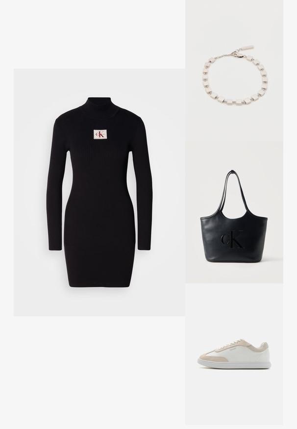 Zwarte geribbelde lange jurk met hoge kraag en een rechthoekige Calvin Klein logo patch aan de voorkant. Eenvoudig, aansluitend ontwerp.; Witte leren sneakers met beige suède accenten en witte veters. Beschikt over een ronde neus en een gevoerde zool voor comfort.; Zwarte leren totebag met dubbele lange handvatten en een verhoogd CK-logo dat op de voorkant is geperst, tegen een effen achtergrond.; Zilveren armband met rechthoekige schakels met een gepolijste afwerking, verbonden door een ketting. Inclusief een sluiting en een klein label.