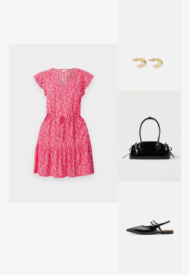 Rode bloemenjurk met korte fluttermouwen, V-hals, cinched taille en gelaagd ruffle zoom, gemaakt van lichtgewicht stof.; Zwarte gepatineerde leren slingback schoenen hebben een spitse neus, twee banden met gespsieraden en een platte zool.; Kleine zwarte glanzende handtas met twee lange hengsels en zijkant trekkoord details op een effen lichte achtergrond.; Gouden halvmaanvormige oorbellen met een gladde afwerking, voorzien van oranje accenten bij de stekker en zilveren hardware.